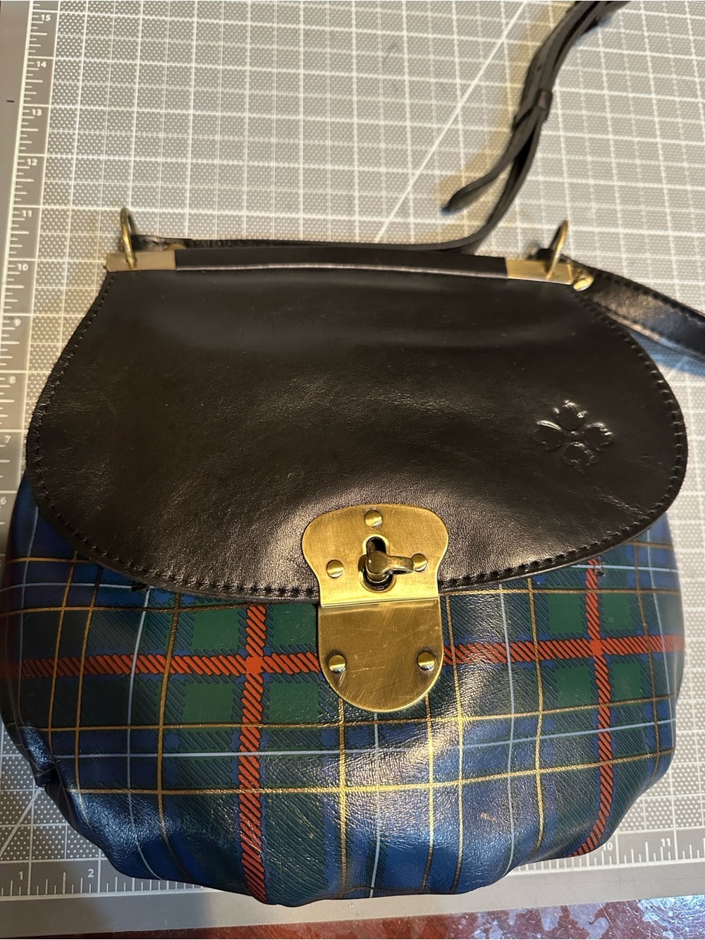 Black Leather & Blue Plaid Crossbody Bag with Brass Hardware